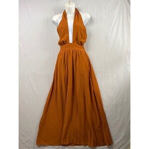 Forever 21 Maxi Dress Women XS Praline Orange Halter Deep V Open Back Pocket